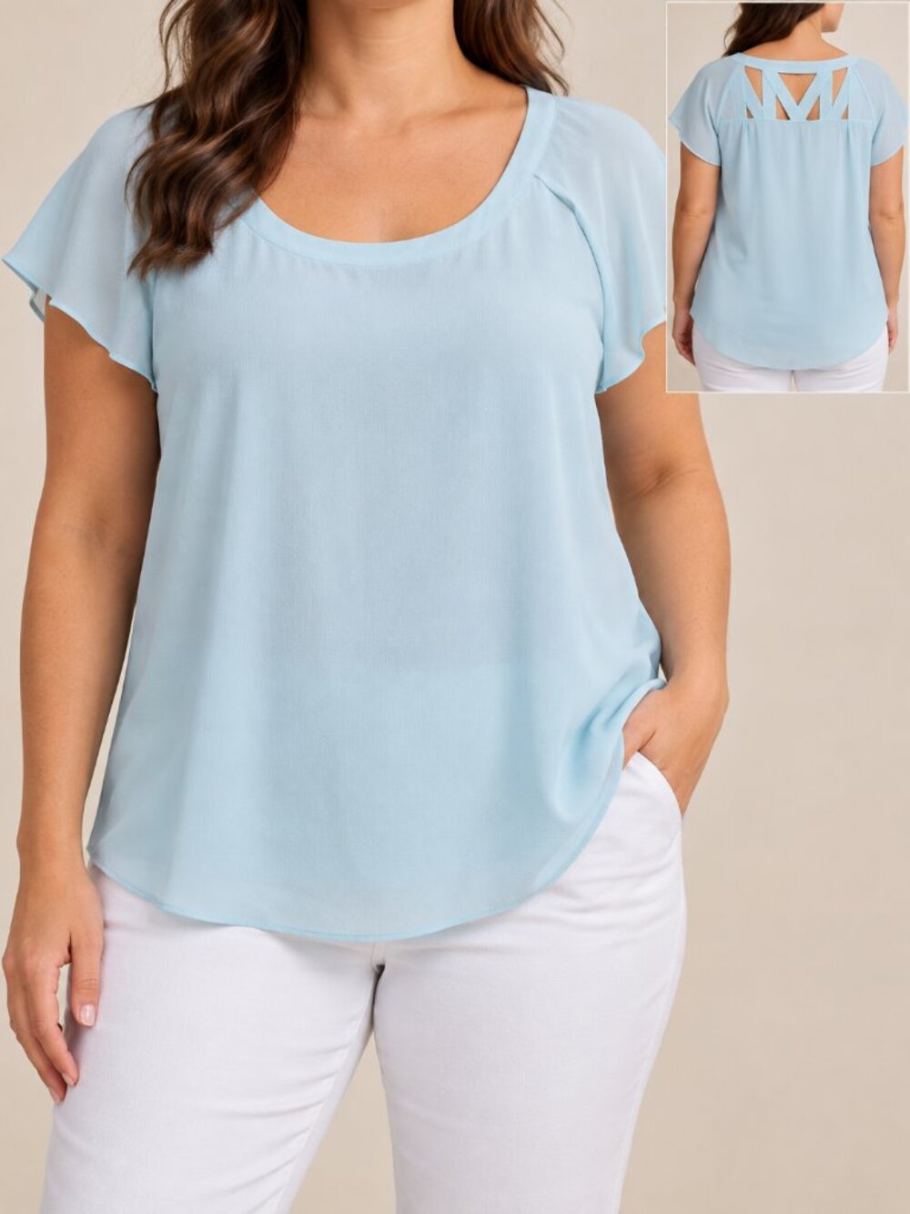 Anthropologie Maeve Light Blue Lattice Back Flutter Sleeve Blouse 12 NWT